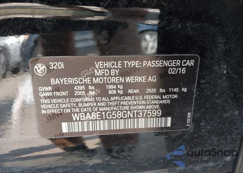 2016 BMW 320I из США, поврежденный, VIN WBA8E1G58GNT37599